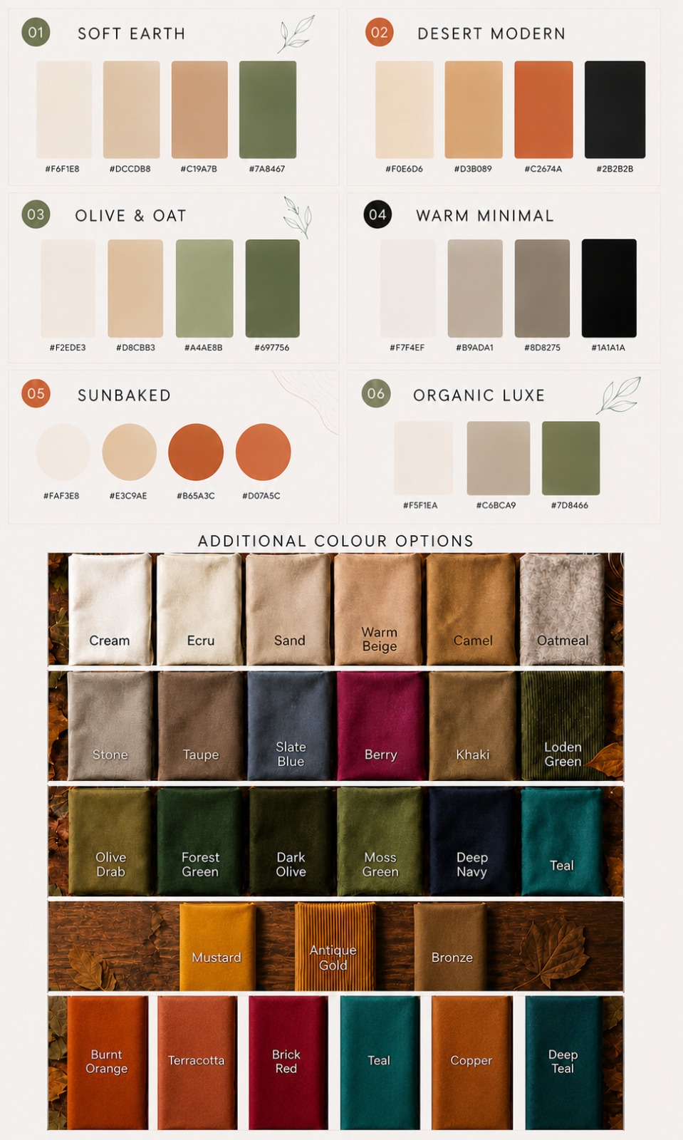 Recommended wedding colour palette featuring soft earth, desert, olive, neutral, and jewel-tone options